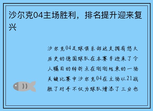 沙尔克04主场胜利，排名提升迎来复兴